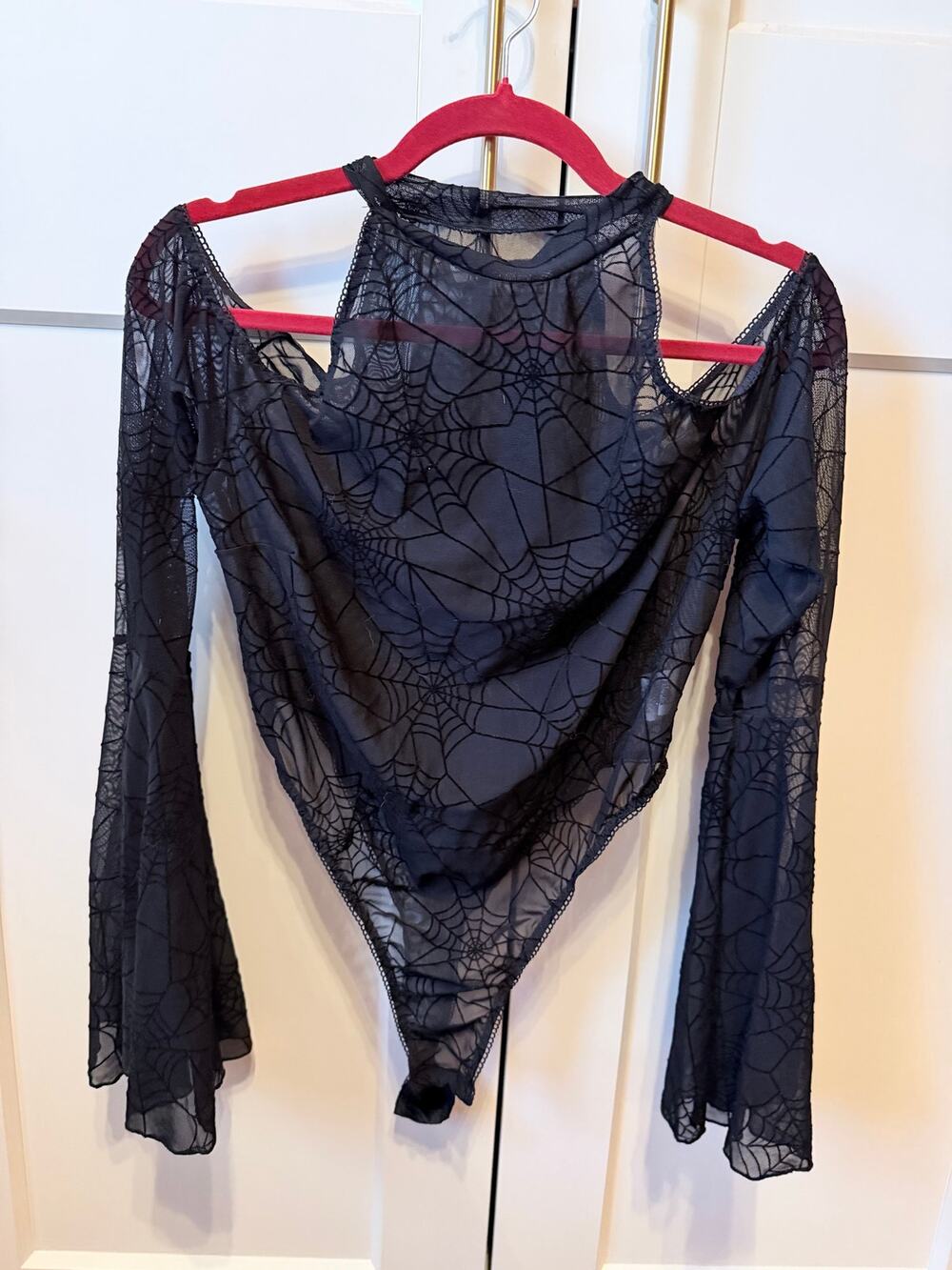 black mesh spiderweb bodysuit cold shoulder top with bell sleeves